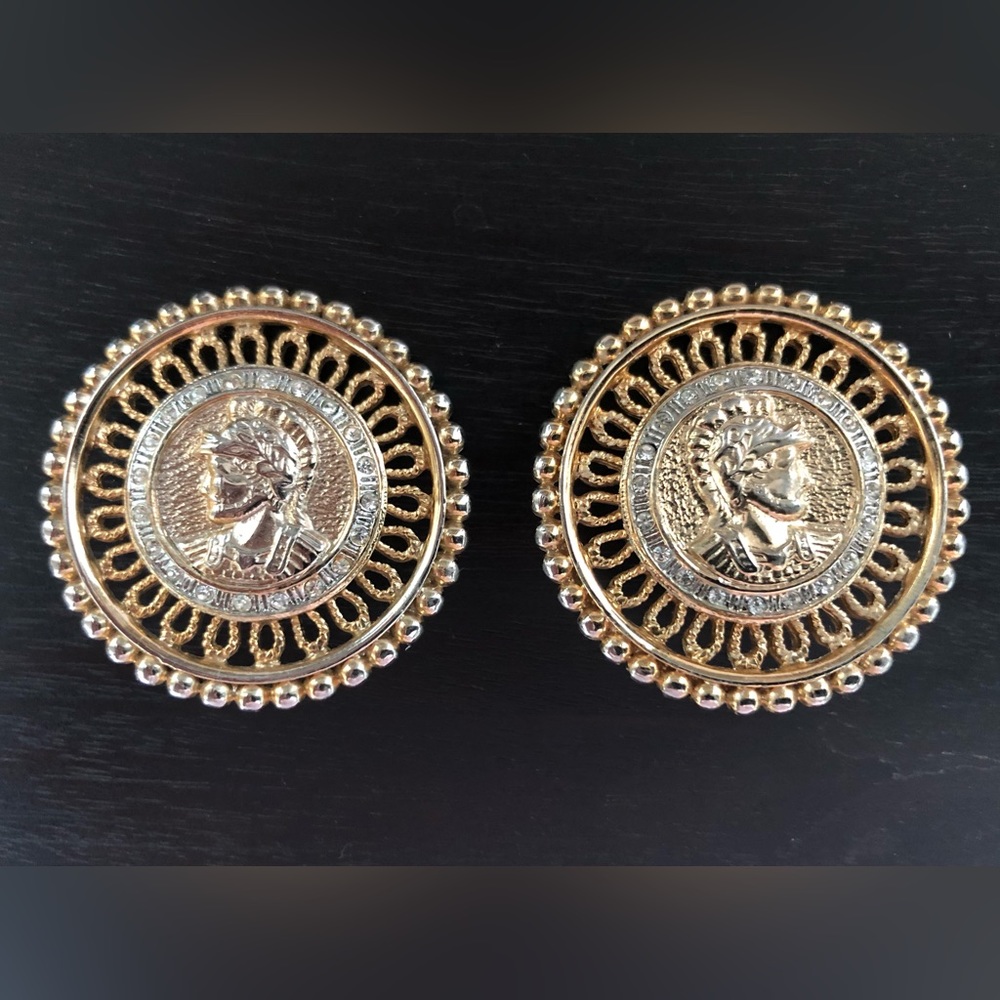 Vintage Spartan - Roman Clip On Earrings  Gold Tone Rhinestone - Signed Craft
